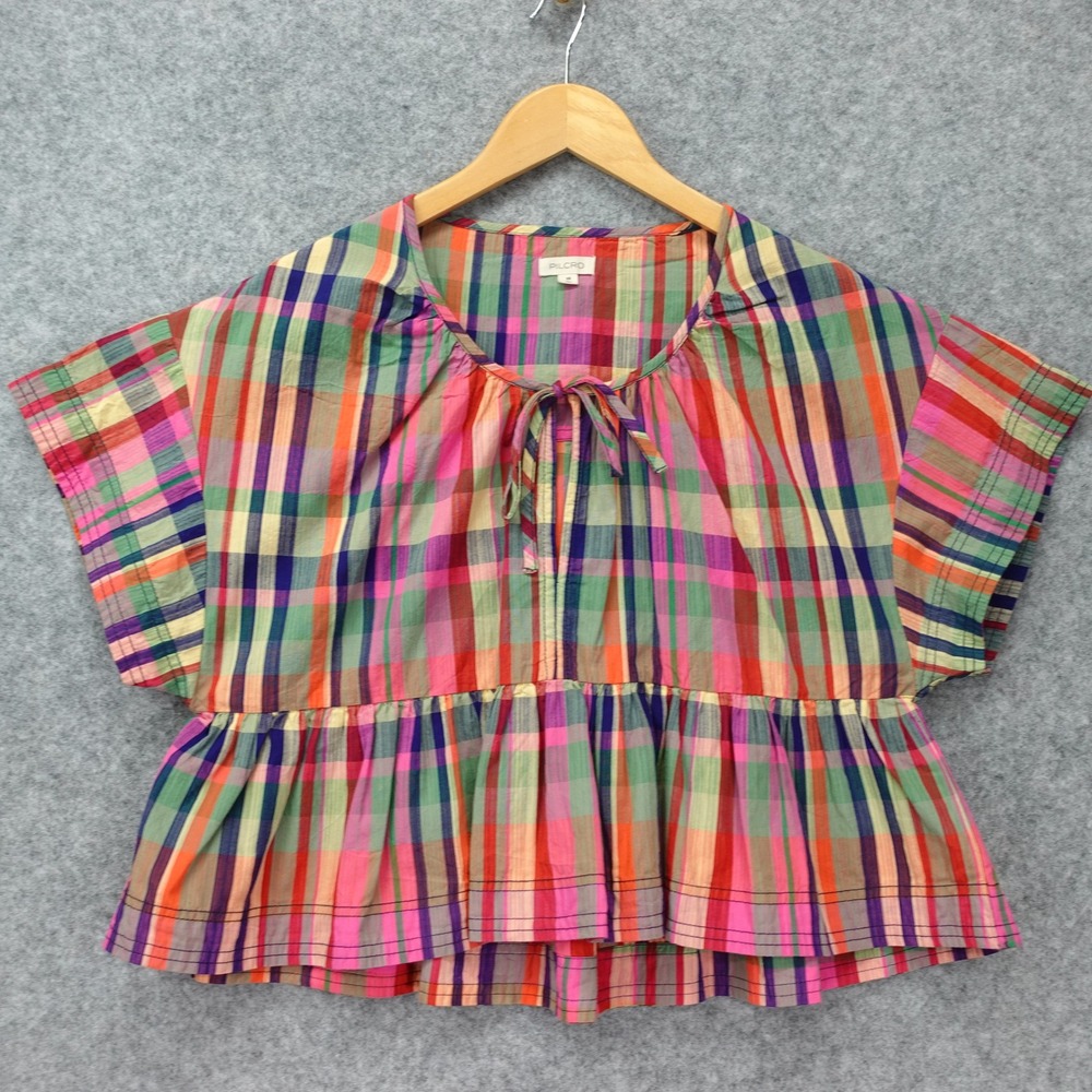 Madras Plaid Peasant Top Ruffle Hem Tie Neck Cropped XS Boho Cottagecore Pilcro